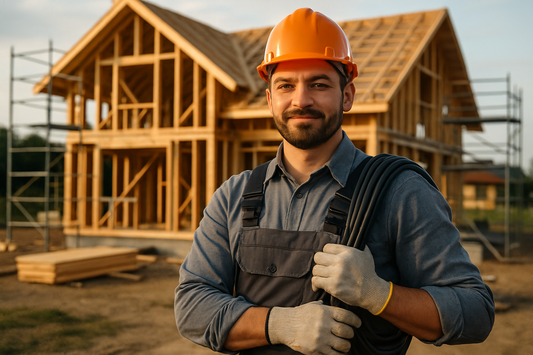 an image of a confident electrician wearing a hard hat with house construction behind him