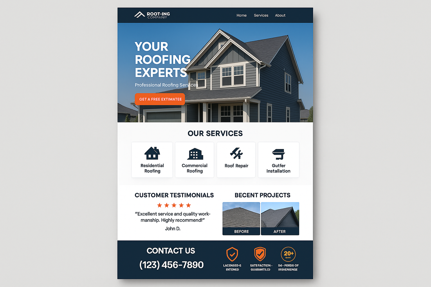 Landing page for a roofing company
