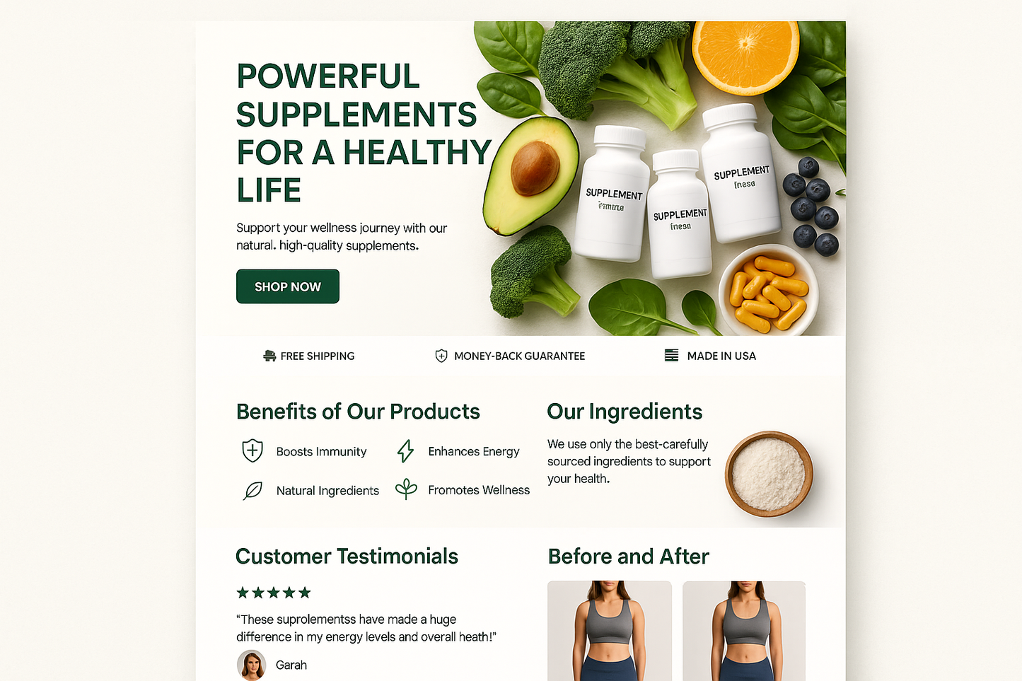 Landing page for supplements